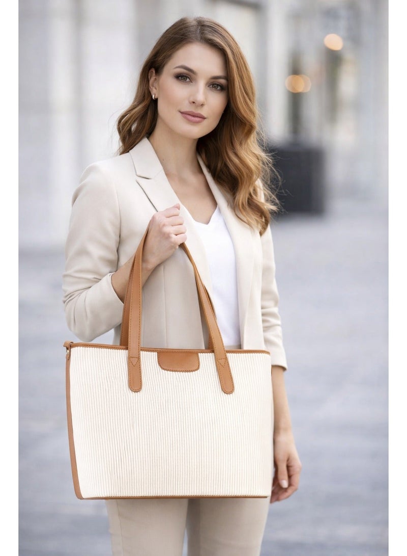 Premium Ribbed Textured Tote Bag for Women - Two-Tone Elegant Handbag with Detachable Shoulder Strap - white & Light Brown - Image 2